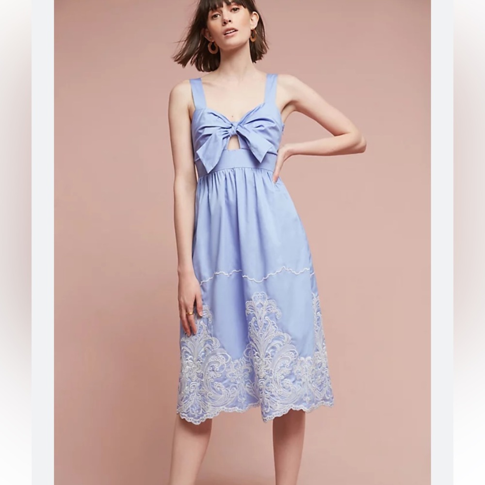 Anthropologie Uma Embroidered Dress summer blue and white vaca bow size small